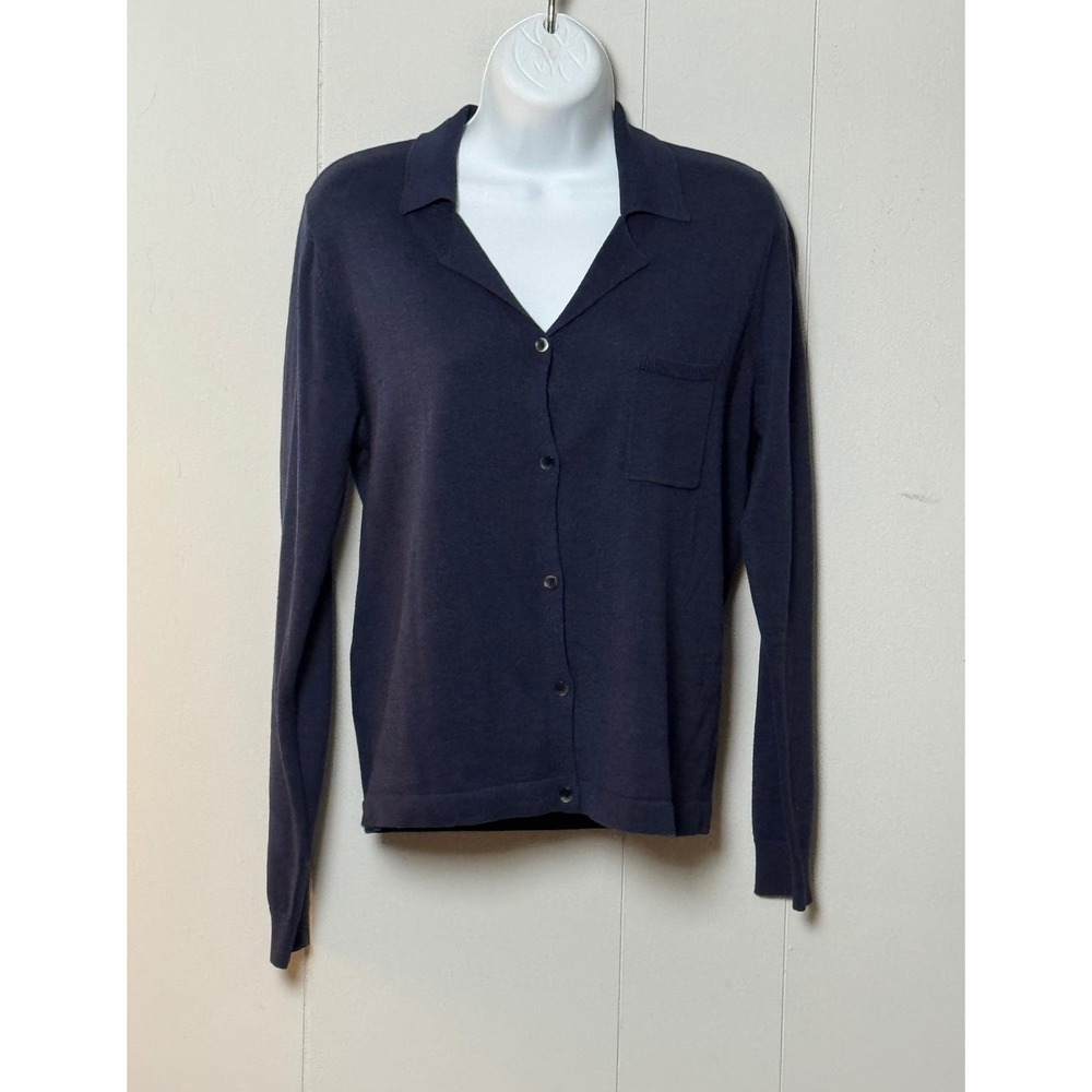 New Frontier Women's Navy Blue Silk Cotton Blend Button Cardigan Sweater Size M